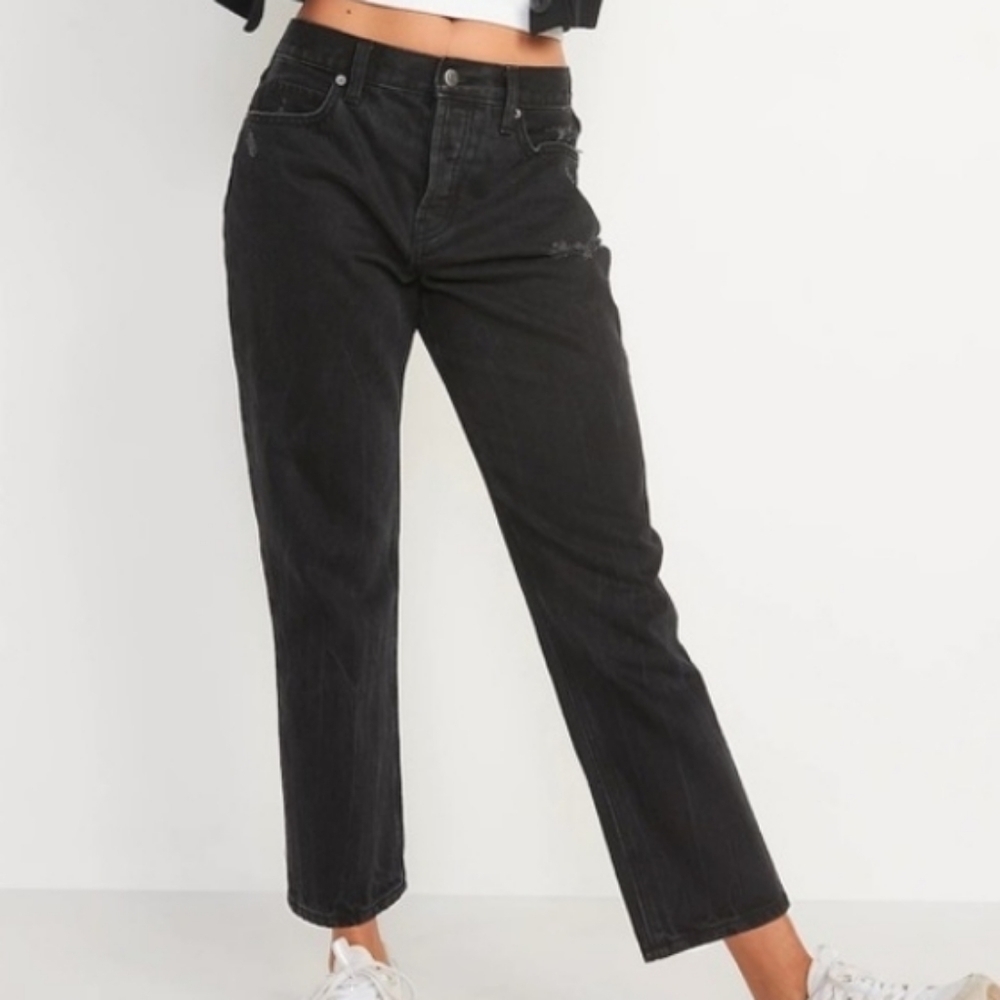 NEW! OLD NAVY Black High Rise Distressed Slouchy Straight Denim Jeans 16.